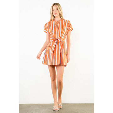 Orange and Blue Stripe Tie Waist Mini Dress