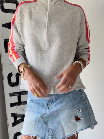 Retro 1/2 Zip Cotton Sweater (Gray/Pink/Orange)