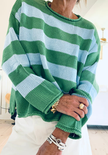 Stripe Roll Neck Sweater - Sky/Green or Sky/Brown