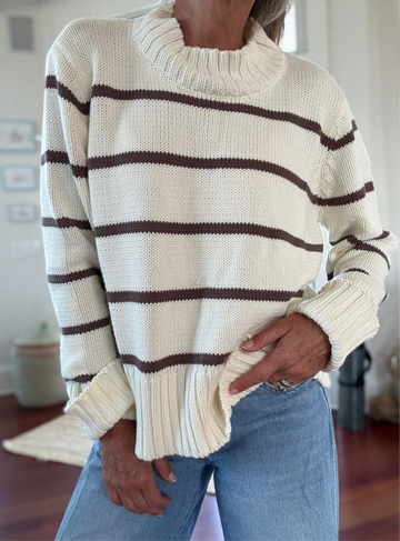 LENA Cotton Sweater in Mini Stripe Cream/Brown