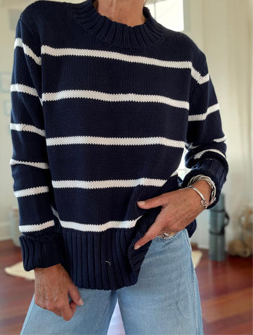 LENA Cotton Sweater in Mini Stripe Navy/White