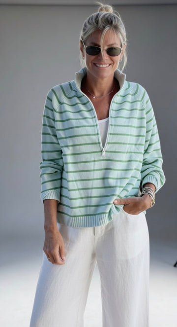 1/2 Zip Cotton Sweater Stripe Aqua/Green