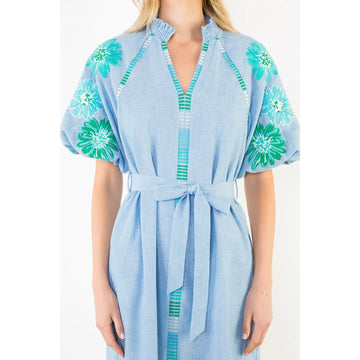 Lightweight Embroidered Puff Sleeve Midi Dress in Sky