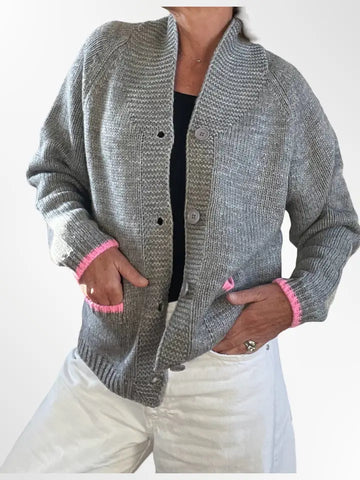 Heart Snow Varsity Cardigan in Gray/Yellow/Pink