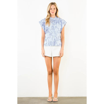 Sky Blue and White Ruffle Detail Short Sleeve Blouse