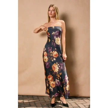 Zendaya Satin Maxi Dress in Black/Floral