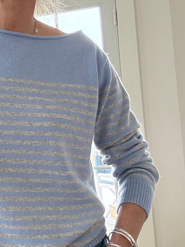 Lean Lines Boatneck 100% Cashmere Sweater Cerulean Blue/Flint Gray