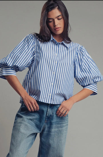 Boho Puff Sleeve Striped Blouse in blue
