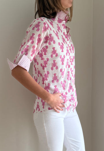 3/4 Sleeve Cotton Pink Lobster Print Blouse
