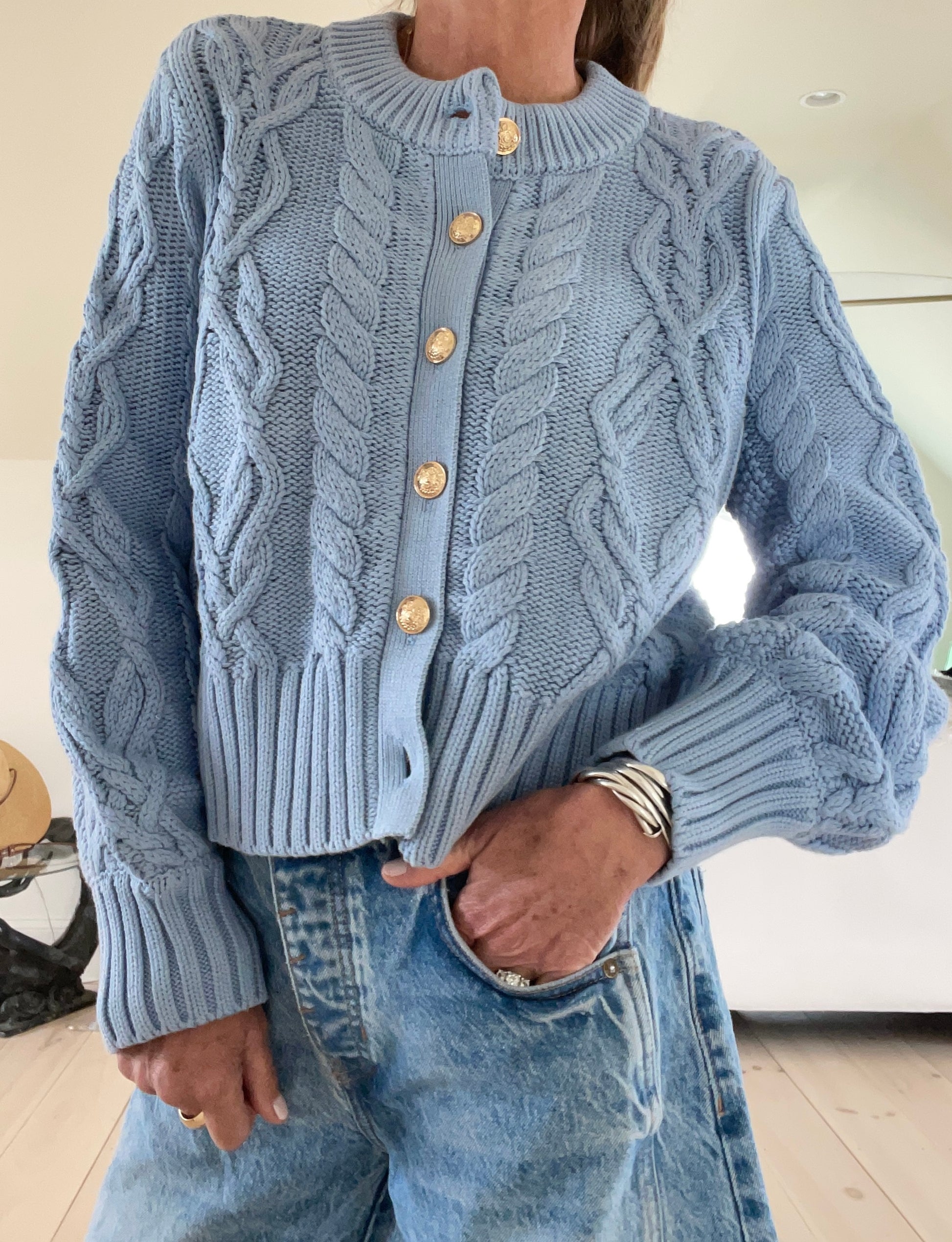 The Celine Crop Cable Cardigan Santorini Blue – Bright Stylish