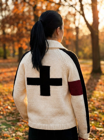 Cross Ski Varsity Cardigan in Ivory/Red/Black