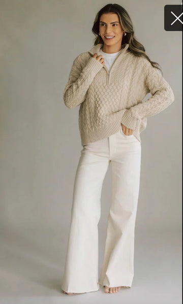 1/2 Zip Cable Flag Sweater Tan