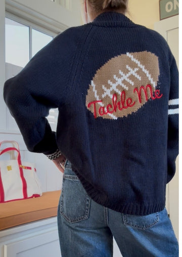 Tackle Me Varsity Football Cardigan In Navy