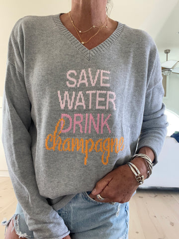 Vee Neck Save Water Drink Champagne Cotton Sweater