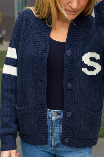 STATE Varsity Cardigan in Navy/White