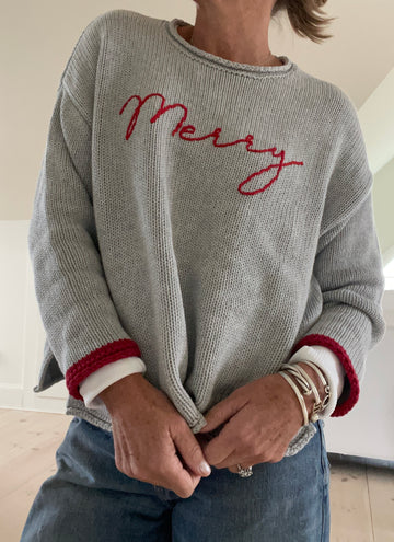 Chunky Embroidered Merry Sweater - Gray