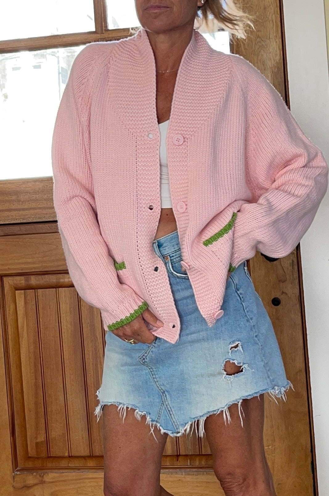 Varsity Pink Cardigan Peace Love Music