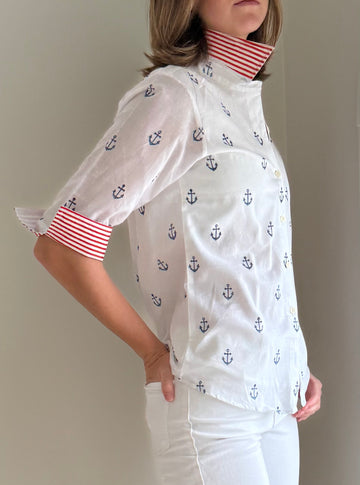 3/4 Sleeve Cotton Anchor Print Blouse