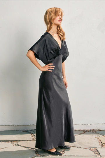 Beatrice Bat Wing Sleeve Satin Dress in Black