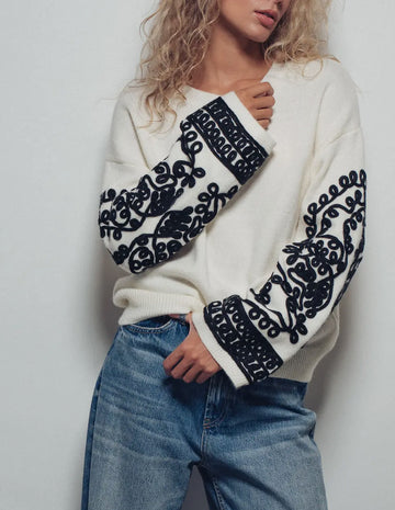 Ivory Pullover with Black Embroidered Sleeves