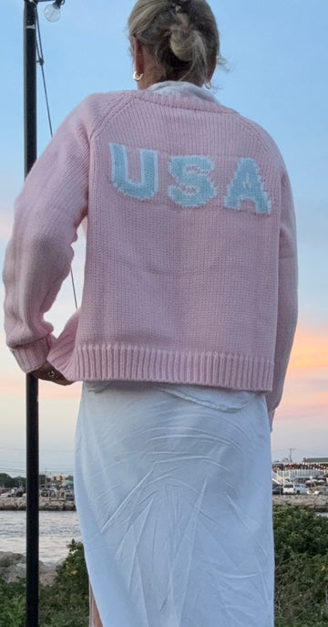 Pink USA Crop Varsity Cardigan