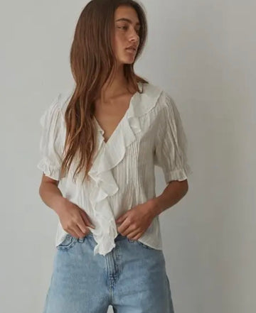 Chloe Pintuck Ruffle Blouse in Ivory