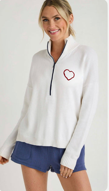 1/2 Zip Cotton Flag Sweater - White