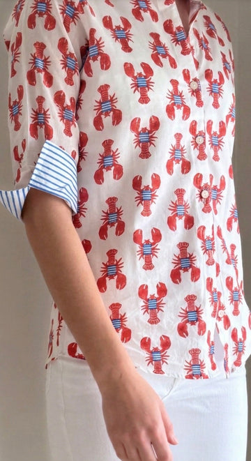 3/4 Sleeve Cotton Red/Navy Lobster Print Blouse