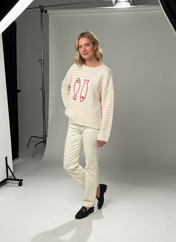 Chloe Stripe Twin Sardines Cotton Sweater in Pink