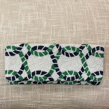 Trellis navy and green beaded clutch