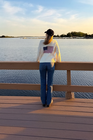 Cable Flag Sweater in Ivory (Flag On Back)