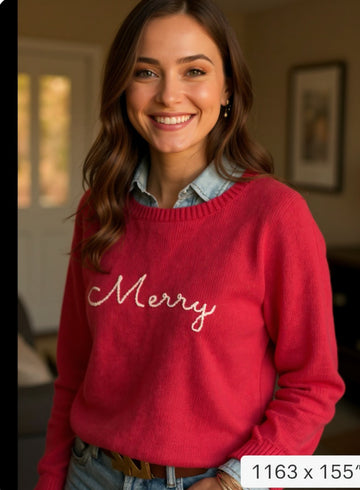 Classic Embroidered Merry Cotton Sweater with Tree Elbow Patches