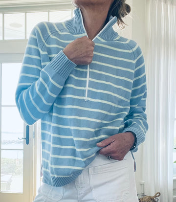 Seafoam and Blue Stripe 1/2 Zip Sweater