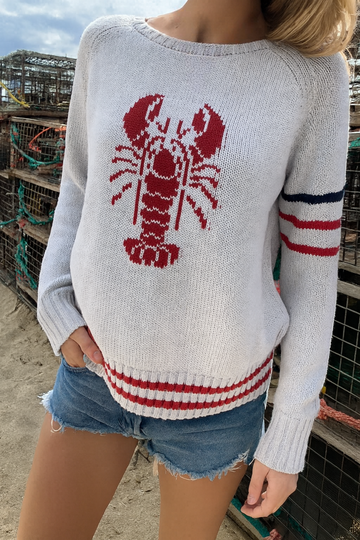 Lobster Cotton Campus Sweater In Gray with Blue/Red Stripes
