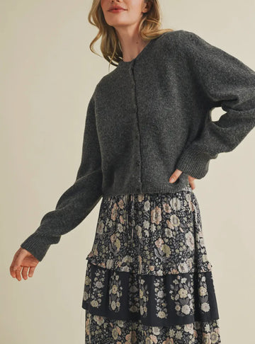 Parson Puff Sleeve Cardigan in Charcoal