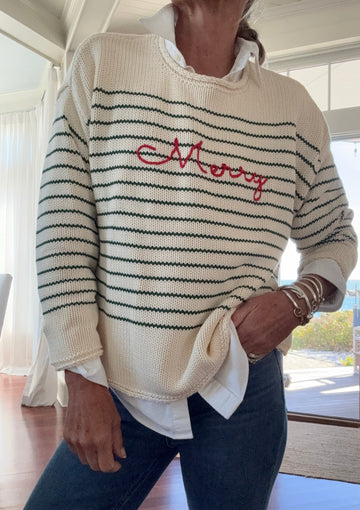Chloe Stripe Rollneck Merry Sweater in Ivory/Green