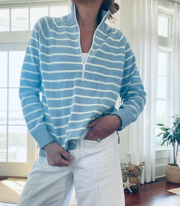 Seafoam and Blue Stripe 1/2 Zip Sweater