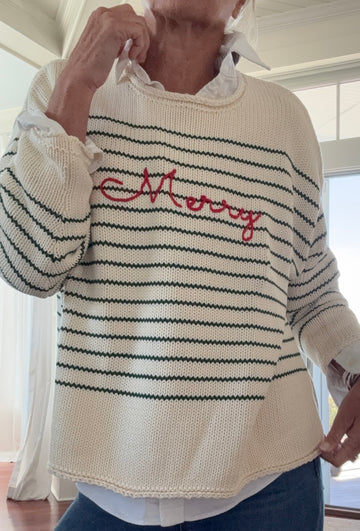 Chloe Stripe Rollneck Merry Sweater in Ivory/Green