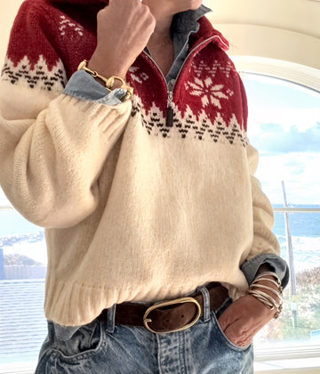 1/4 Zip Traditional Norwegian Sweater in Red/Ivory