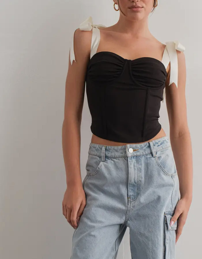 Black Corset Top with Satin Ribbon Ties