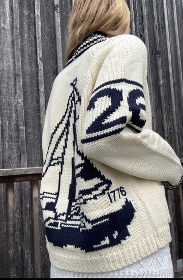 Sketchbook Sailboat Varsity Cardigan in Ivory