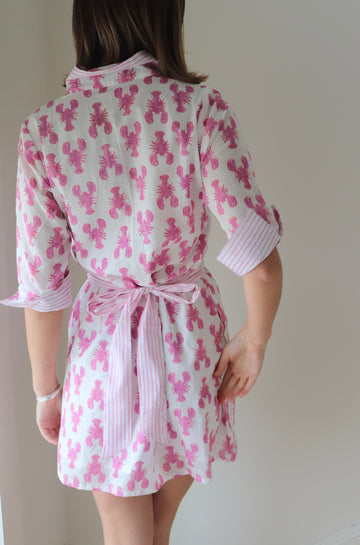 New 3/4 Sleeve Sconset Lobster Print Dress with stripe detail