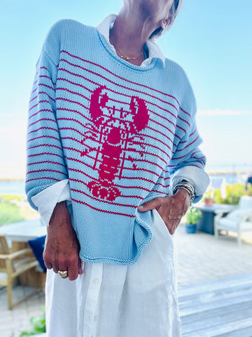 Chloe Striped Rollneck Lobster Sweater in Sky Blue