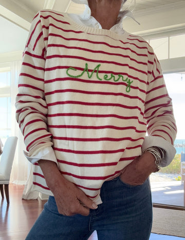 Boxy Merry Cotton Sweater In Ivory/Red Stripe