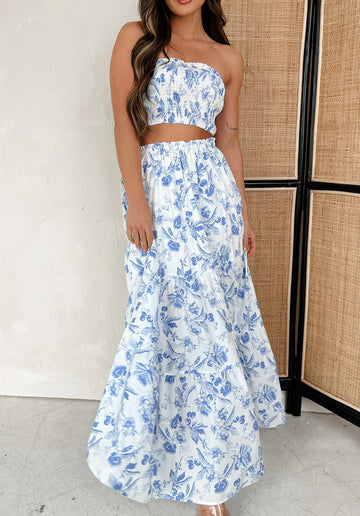 Floral Crop Top & Skirt Set (White/Light Blue)