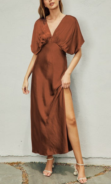 Bat Wing Sleeve Satin  Dress in Sienna Brown