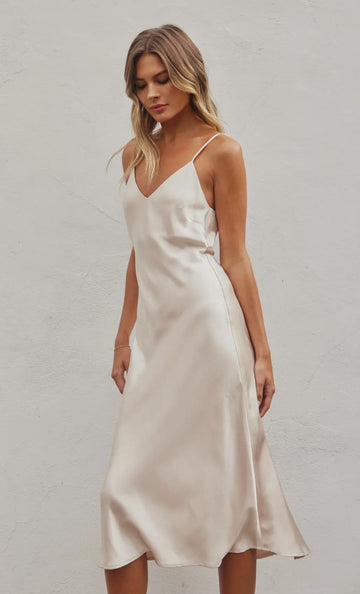 Satin Midi Slip Dress in eggshell