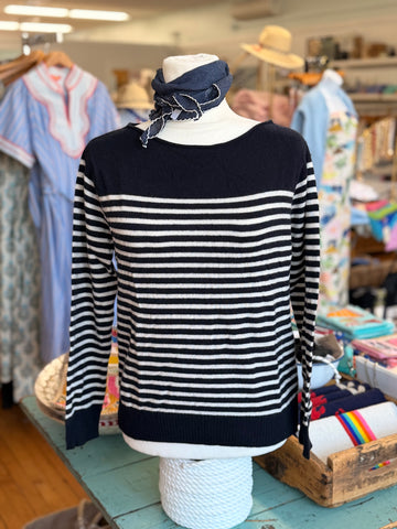 Mariner 100% Cashmere Boatneck Sweater in Navy/White Stripes