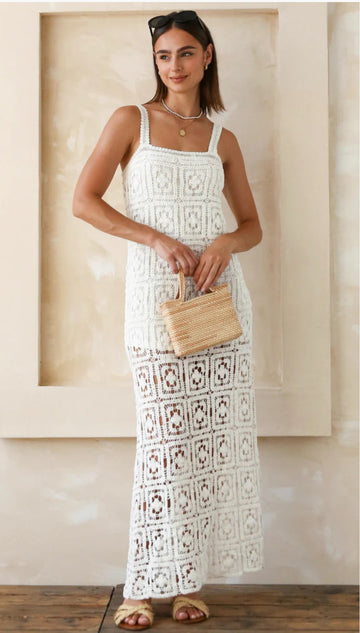 Island getaway, crochet maxi dress