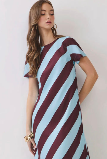 Diagonal Stripe Feather-Trim Maxi Dress